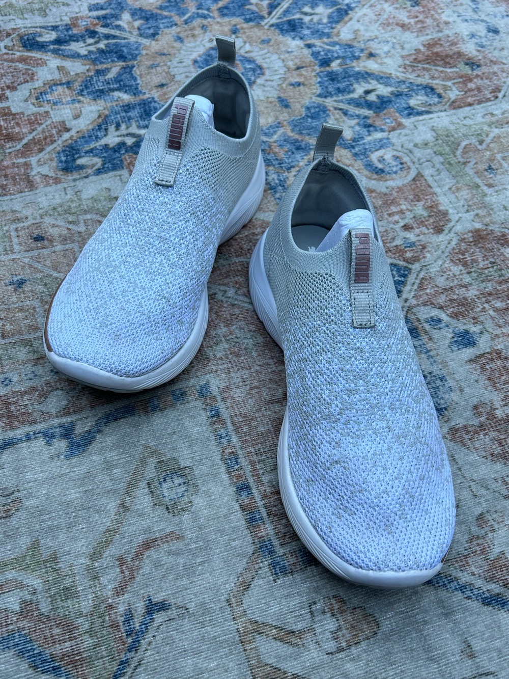 Puma Softride Remi Slip-On Knit Sneakers Gray White Mesh Rose Gold | Size 8.5